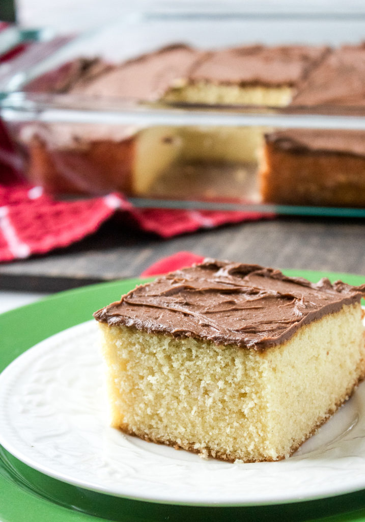 yellow sheet cake with chocolate frosting