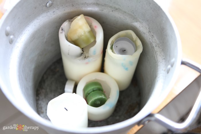 old candles in double boiler to be melted