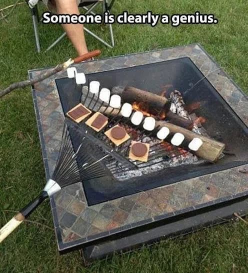 someone is clearly a genius. Using a rake to roast smores.