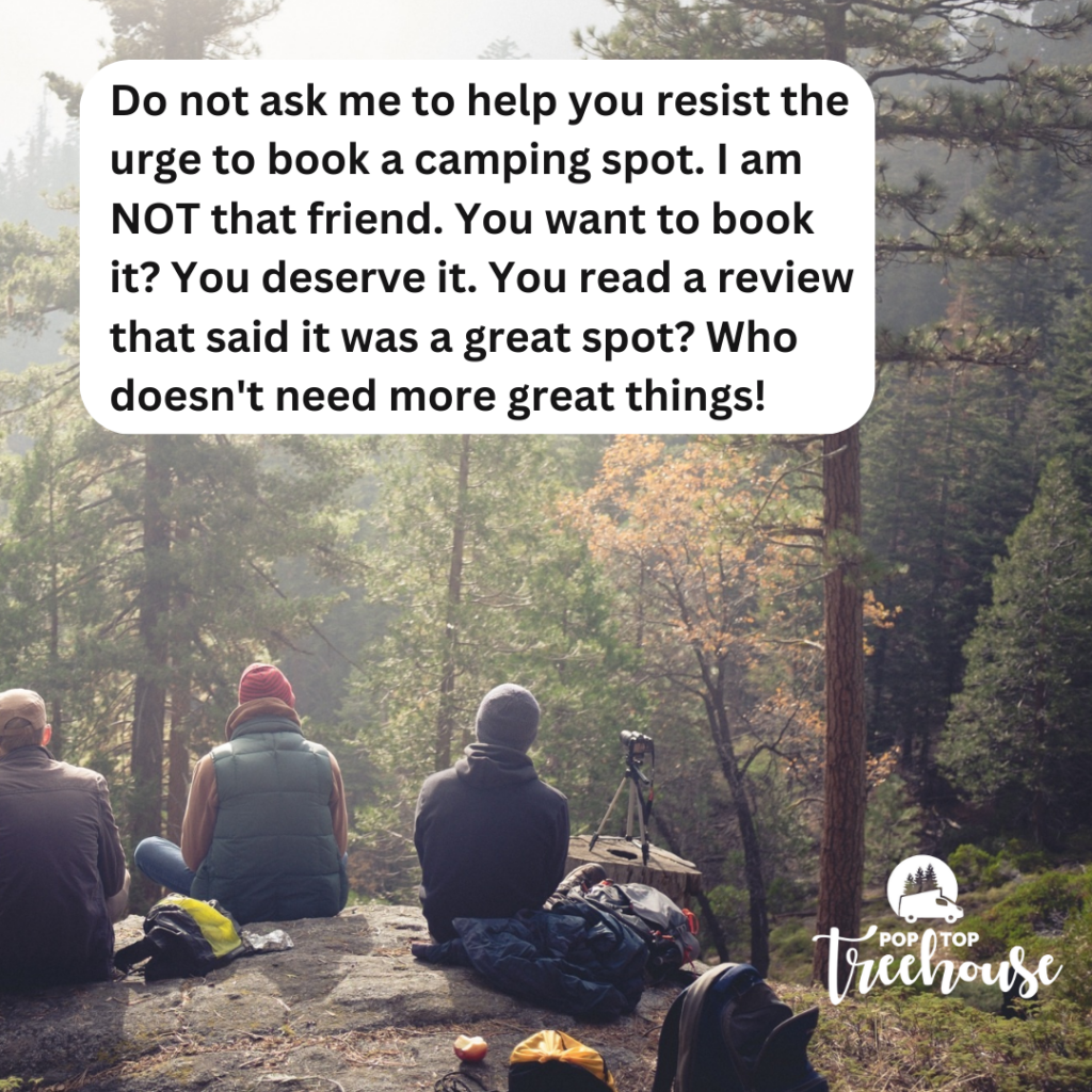 do not ask me to help you resist the urge to book a camping spot. I am NOT that friend. You want to book it? You deserve it. You read a review that said it was a great spot? Who doesn't need more great things?!
