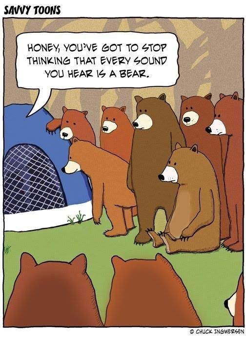 bears standing outside tent. "Honey, you've got to stop thinking that every sound you hear is a bear."